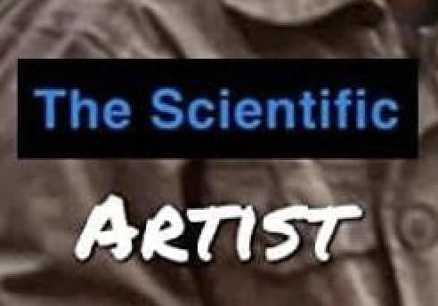 Original The Scientific Artist typography crop from Rohan Chaudri album cover showing blue scientific lettering and white artist script